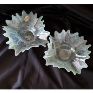 PAIR OF MURANO LAVORAZIONE TRAYS WHITE, CLEAR, GREEN SWIRL